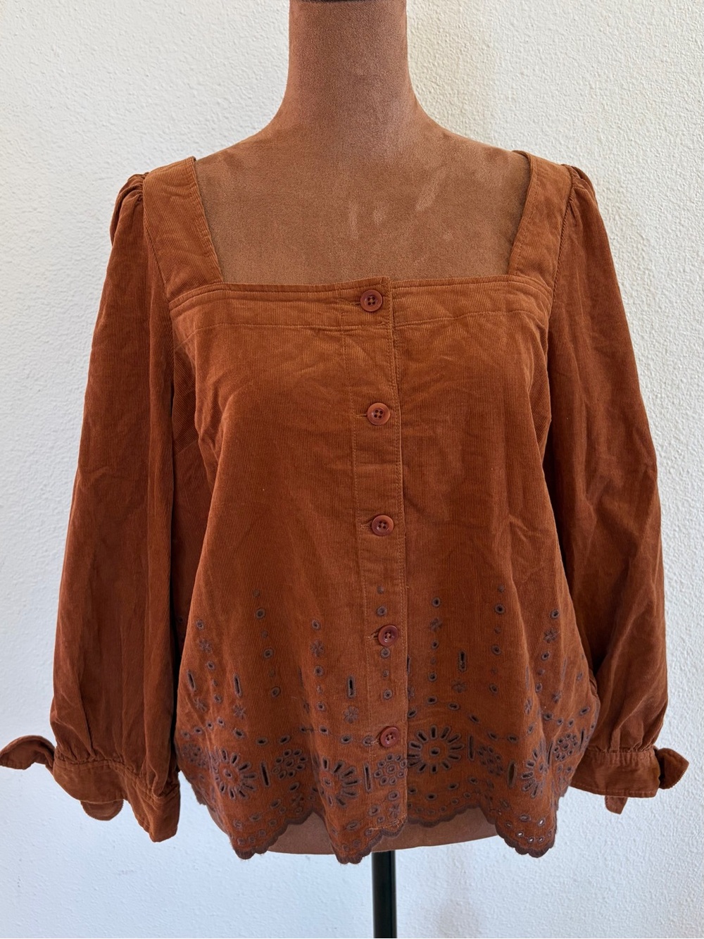 Madewell Rust Brown Eyelet-Trim Button Front Blouse